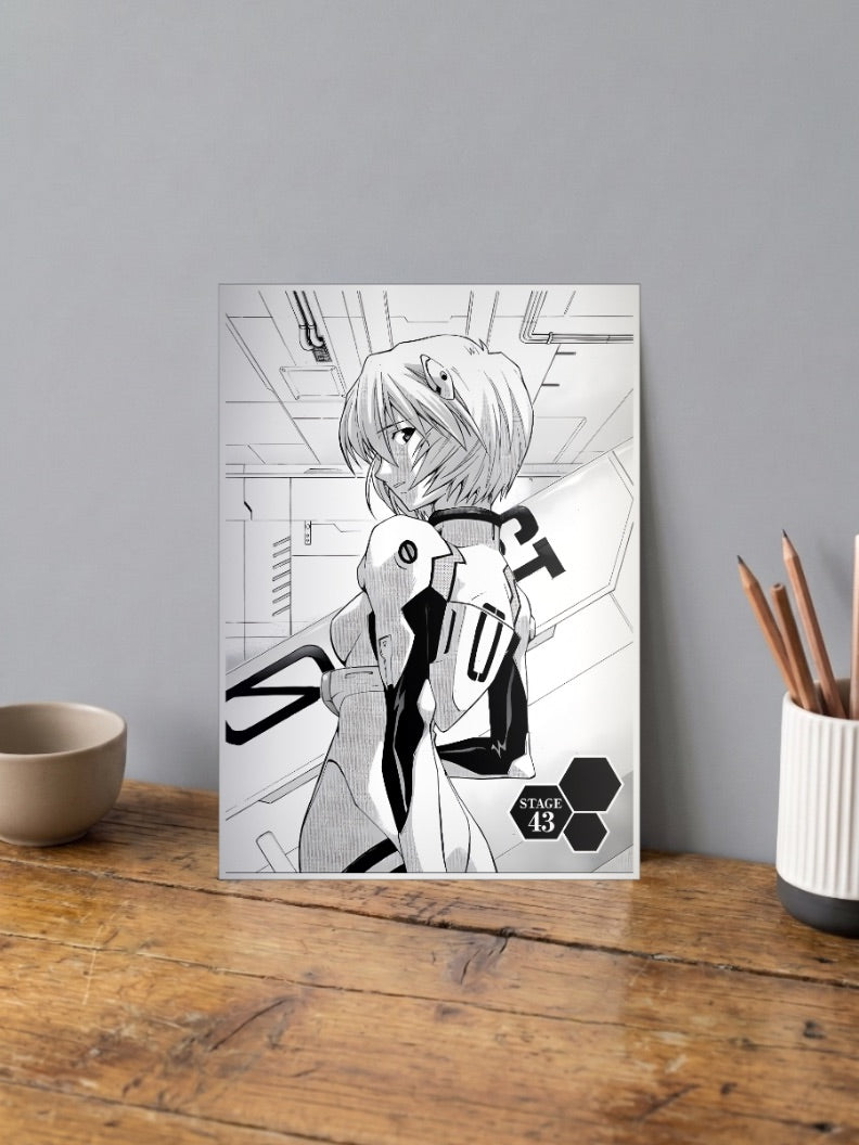 Rei Ayanami Manga Panel Art Anime Poster shown in A4 size on a wooden desk