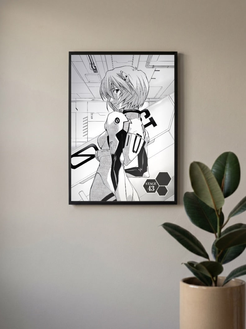 Rei Ayanami Manga Panel Art Anime Poster in a black frame, mounted on a wall