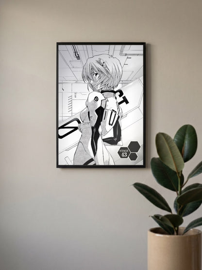 Rei Ayanami Manga Panel Art Anime Poster in a black frame, mounted on a wall
