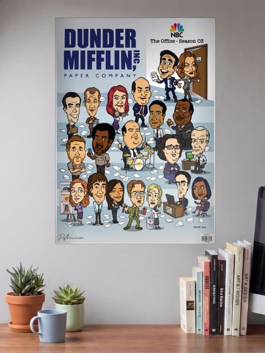 Office Cast Caricature Art Sitcom Poster shown in A3 size on a wall above a study desk