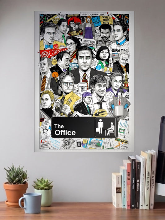 Office Cast Illustrated Collage Sitcom Poster shown in A3 size on a wall above a study desk