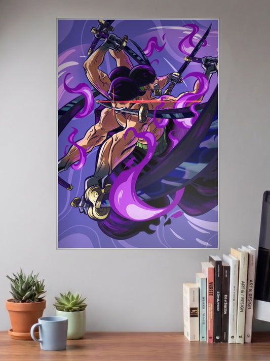 Zoro Twin Katana Swirl Anime Poster shown in A3 size on a wall above a study desk
