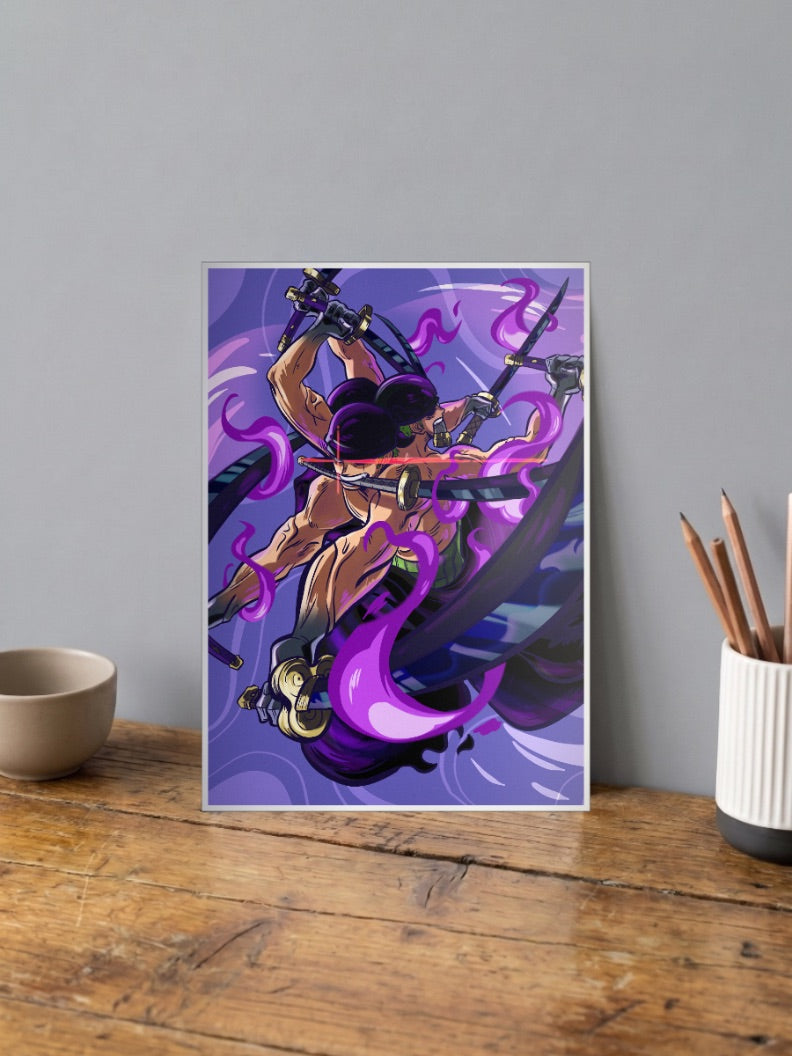 Zoro Twin Katana Swirl Anime Poster shown in A4 size on a wooden desk