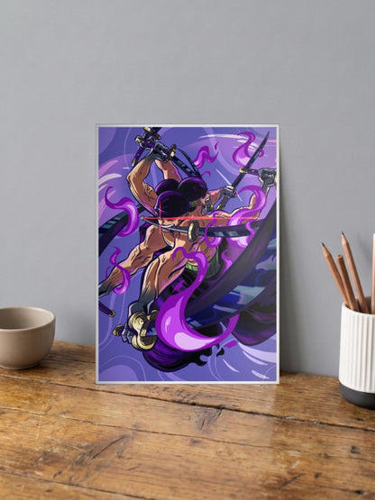 Zoro Twin Katana Swirl Anime Poster shown in A4 size on a wooden desk