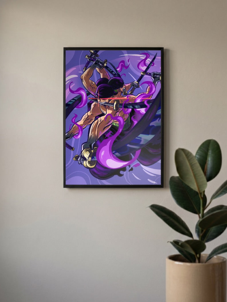 Zoro Twin Katana Swirl Anime Poster in a black frame, mounted on a wall