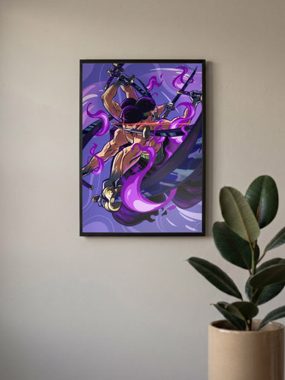 Zoro Twin Katana Swirl Anime Poster in a black frame, mounted on a wall