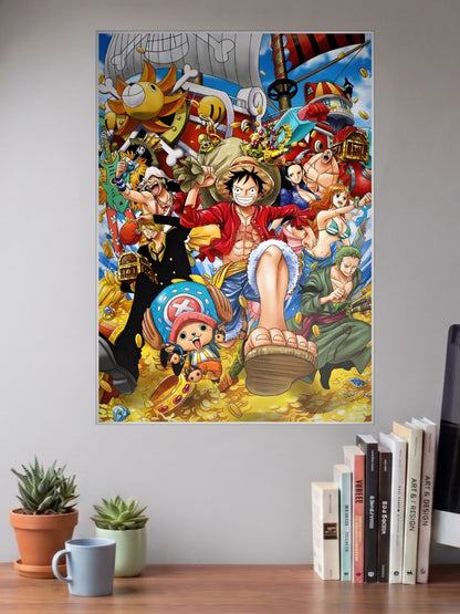 One Piece Crew Gold Celebration Anime Poster shown in A3 size on a wall above a study desk