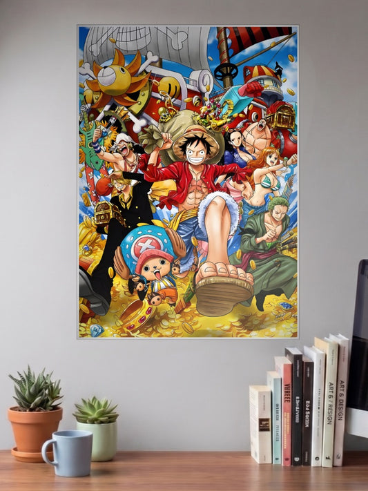 One Piece Crew Gold Celebration Anime Poster shown in A3 size on a wall above a study desk