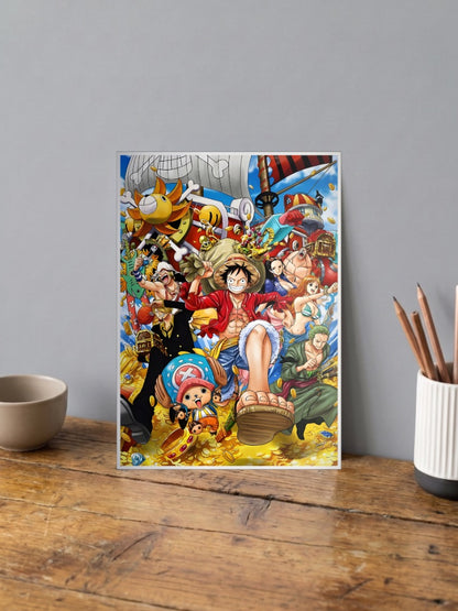 One Piece Crew Gold Celebration Anime Poster shown in A4 size on a wooden desk