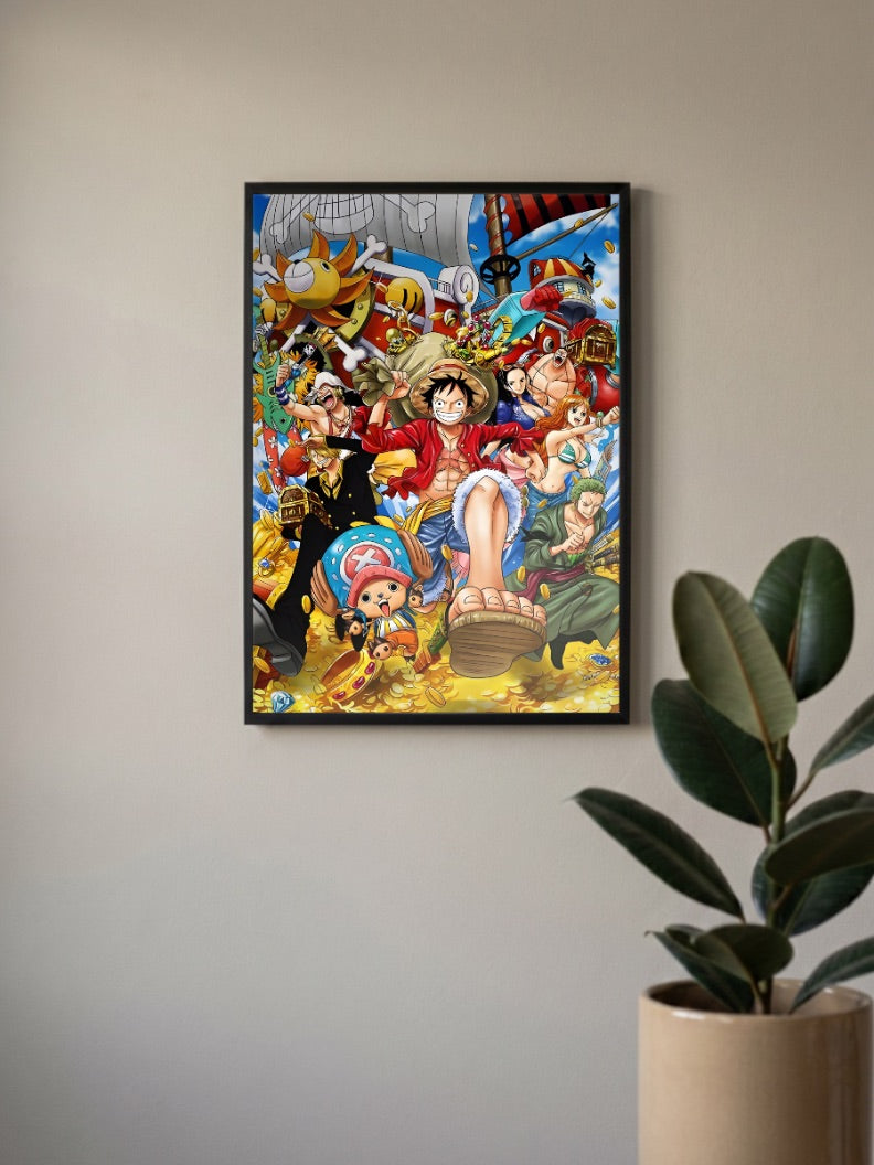 One Piece Crew Gold Celebration Anime Poster in a black frame, mounted on a wall