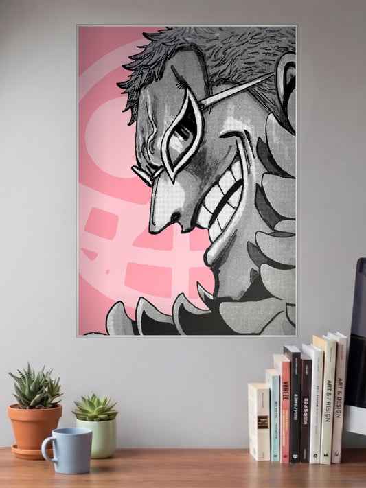Doflamingo Manga Panel Grin Anime Poster shown in A3 size on a wall above a study desk
