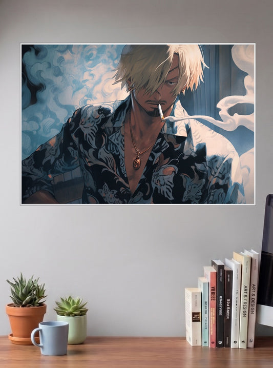 Sanji One Piece Anime Poster shown in A3 size on a wall above a study desk