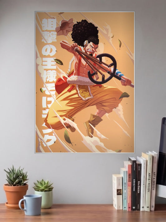 Usopp Sniper King Action Anime Poster shown in A3 size on a wall above a study desk