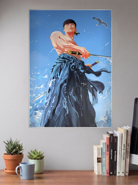 Zoro Ocean Sky Stance Anime Poster shown in A3 size on a wall above a study desk