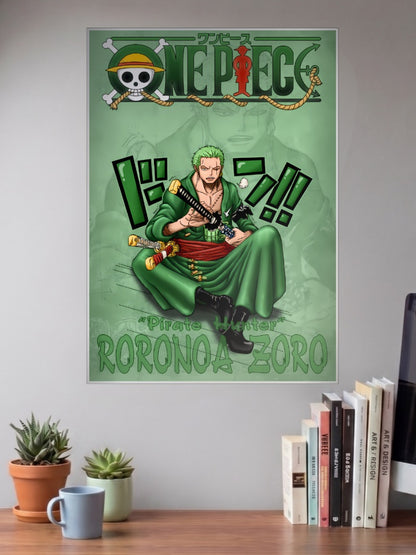 Zoro Sword Hilt Grip Art Anime Poster shown in A3 size on a wall above a study desk