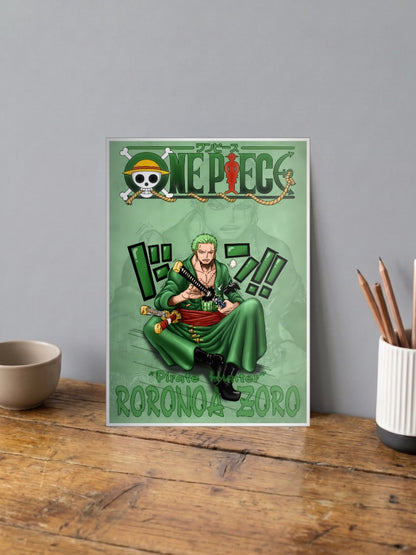 Zoro Sword Hilt Grip Art Anime Poster shown in A4 size on a wooden desk
