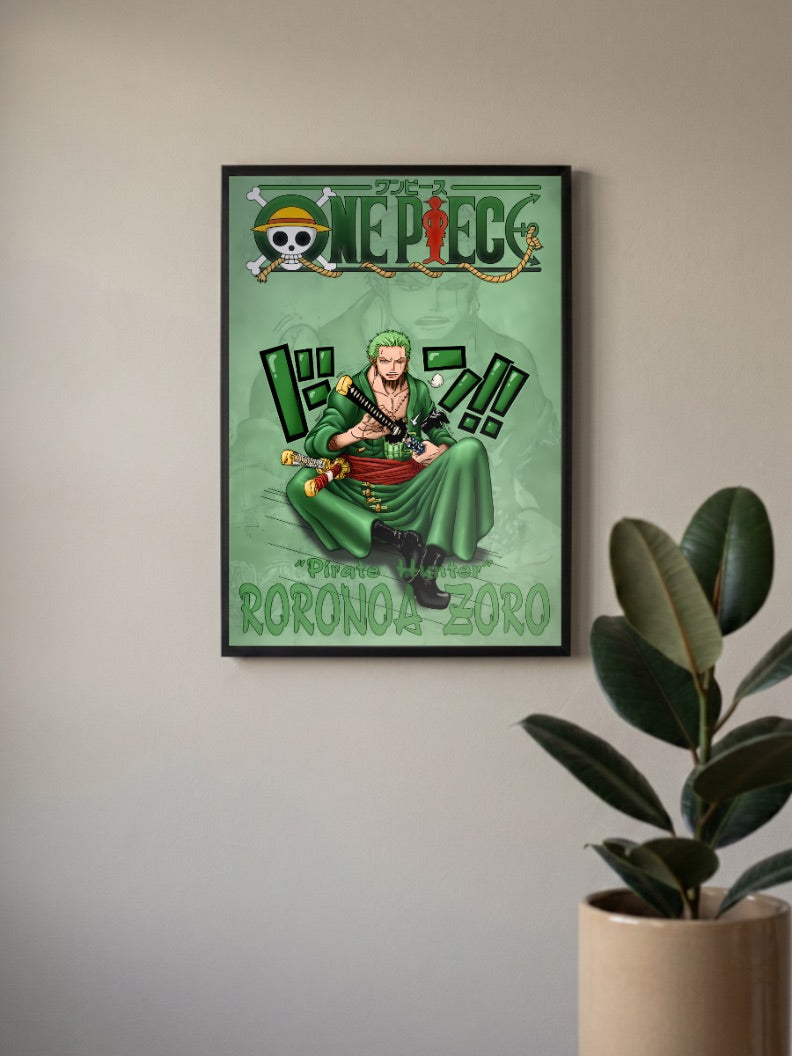Zoro Sword Hilt Grip Art Anime Poster in a black frame, mounted on a wall