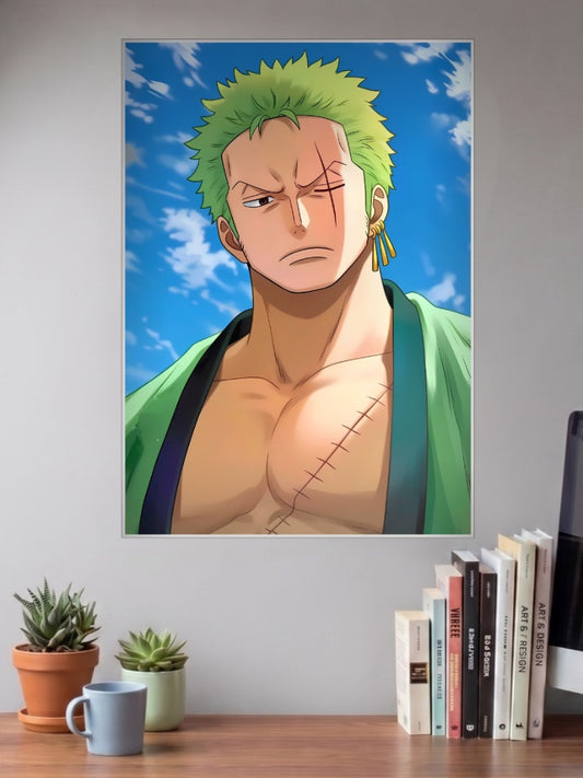 Zoro Blue Sky Portrait Anime Poster shown in A3 size on a wall above a study desk