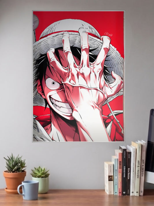 Luffy Hand Over Eye Art Anime Poster shown in A3 size on a wall above a study desk