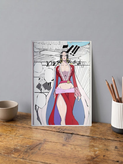 Boa Hancock Red Dress Art Anime Poster shown in A4 size on a wooden desk
