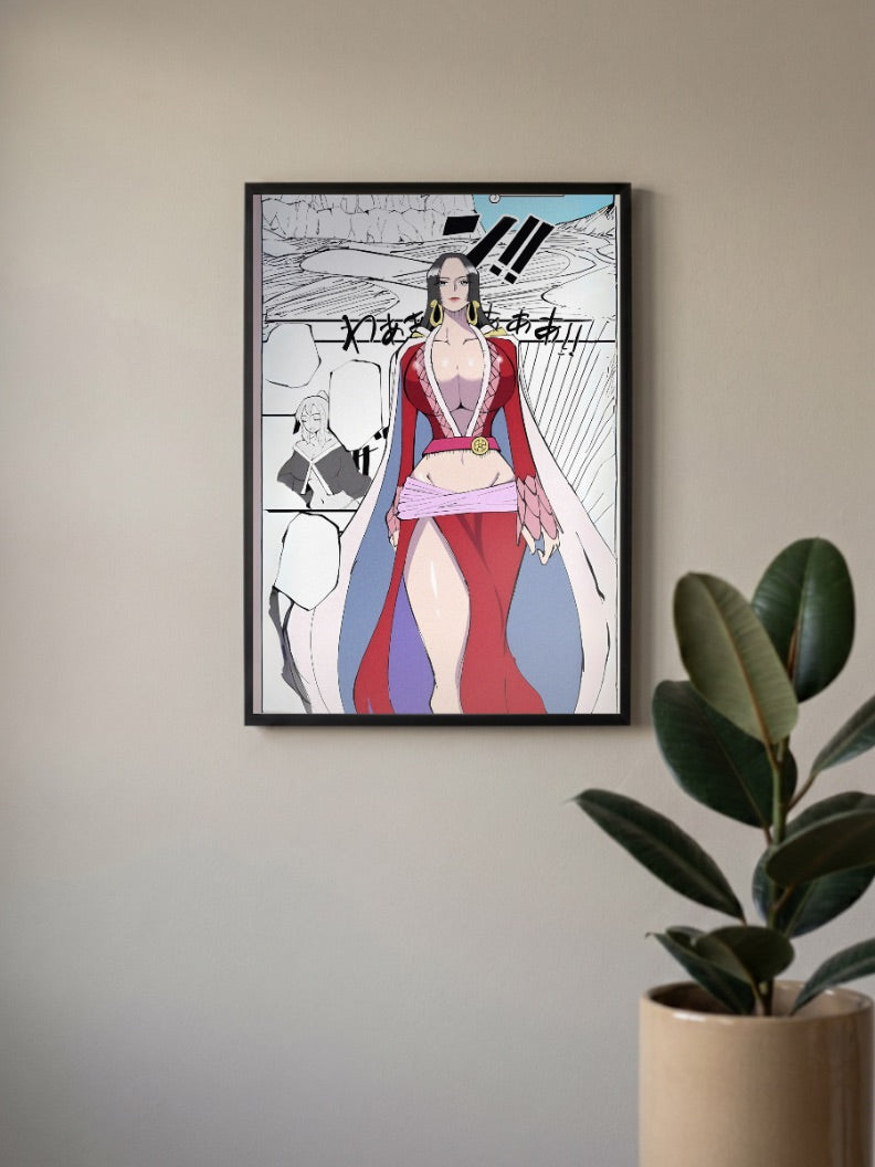 Boa Hancock Red Dress Art Anime Poster in a black frame, mounted on a wall
