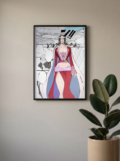 Boa Hancock Red Dress Art Anime Poster in a black frame, mounted on a wall