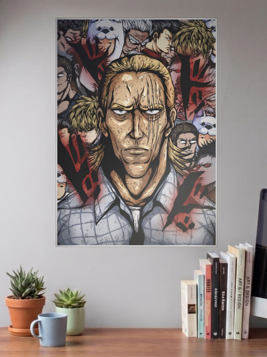 Garou Hero Hunter Portrait Anime Poster shown in A3 size on a wall above a study desk