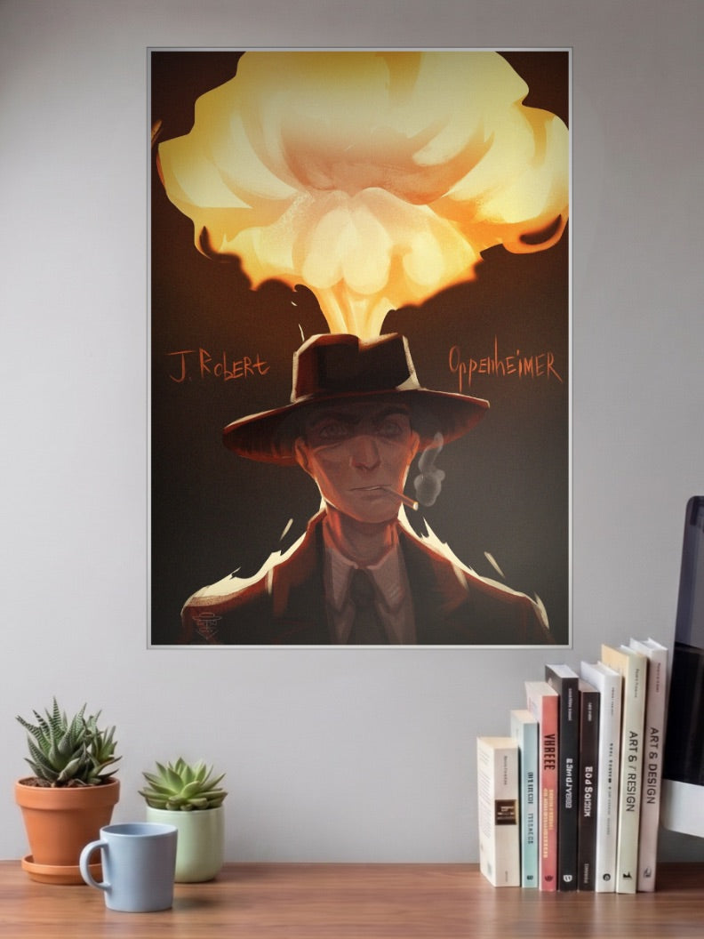 Oppenheimer Mushroom Cloud Hollywood Movie Poster shown in A3 size on a wall above a study desk