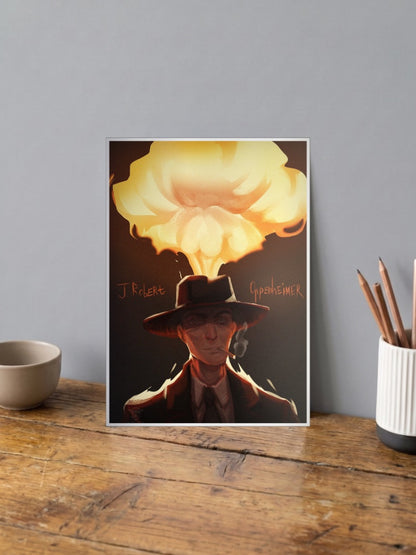 Oppenheimer Mushroom Cloud Hollywood Movie Poster shown in A4 size on a wooden desk