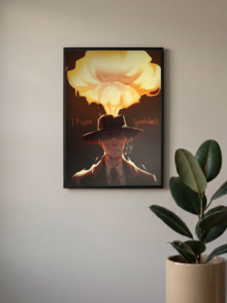 Oppenheimer Mushroom Cloud Hollywood Movie Poster in a black frame, mounted on a wall