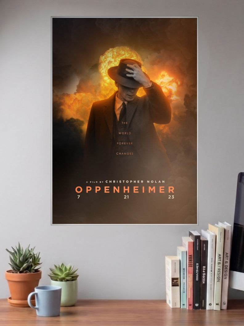Oppenheimer World Changes Hollywood Movie Poster shown in A3 size on a wall above a study desk