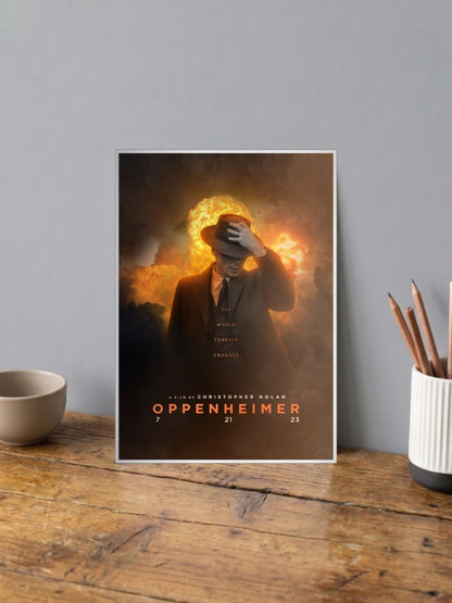 Oppenheimer World Changes Hollywood Movie Poster shown in A4 size on a wooden desk