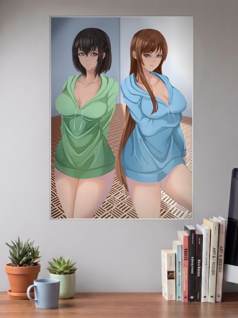 Overflow Anime Duo Art Anime Poster shown in A3 size on a wall above a study desk