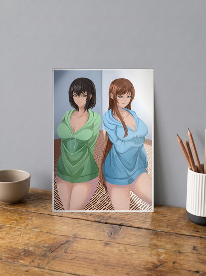 Overflow Anime Duo Art Anime Poster shown in A4 size on a wooden desk