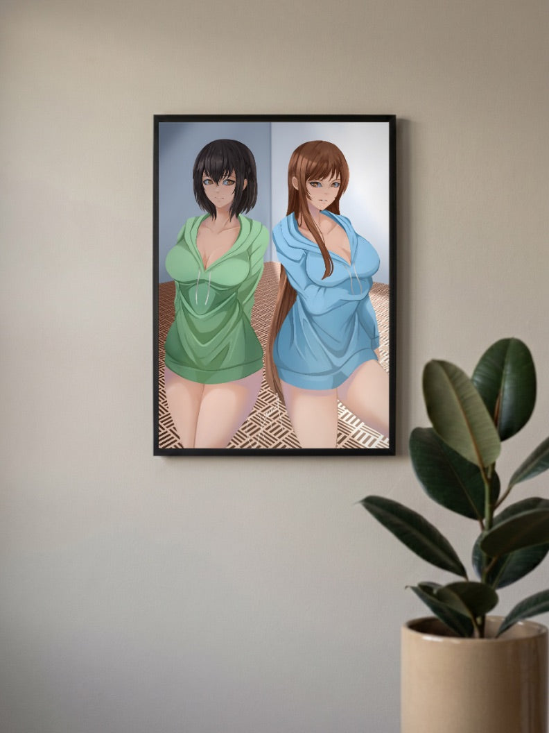 Overflow Anime Duo Art Anime Poster in a black frame, mounted on a wall