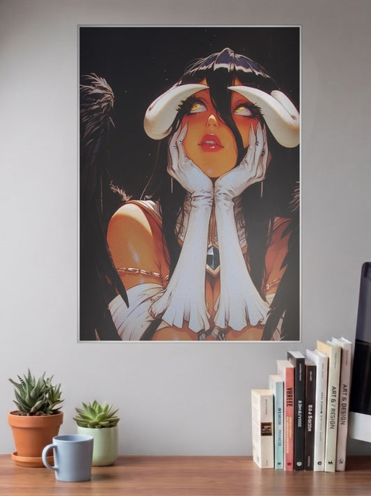 Overlord Gothic Character Art Anime Poster shown in A3 size on a wall above a study desk