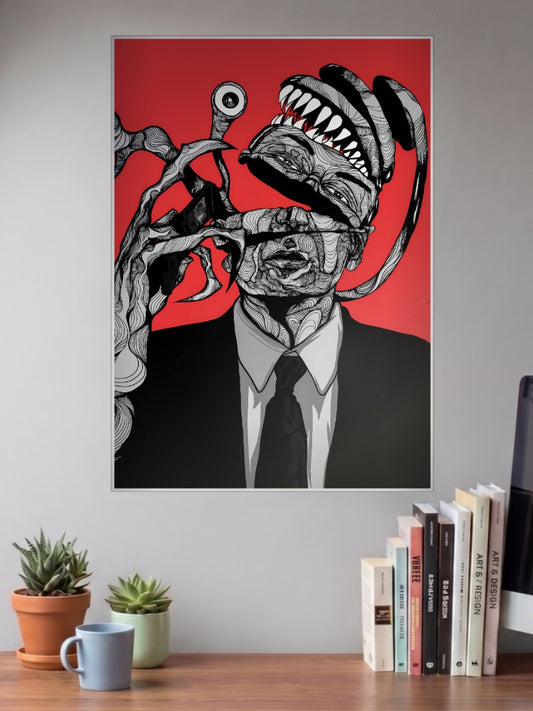Parasyte Creature Attack Anime Poster shown in A3 size on a wall above a study desk