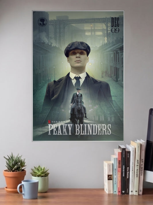 Tommy Shelby Portrait Webseries Poster shown in A3 size on a wall above a study desk