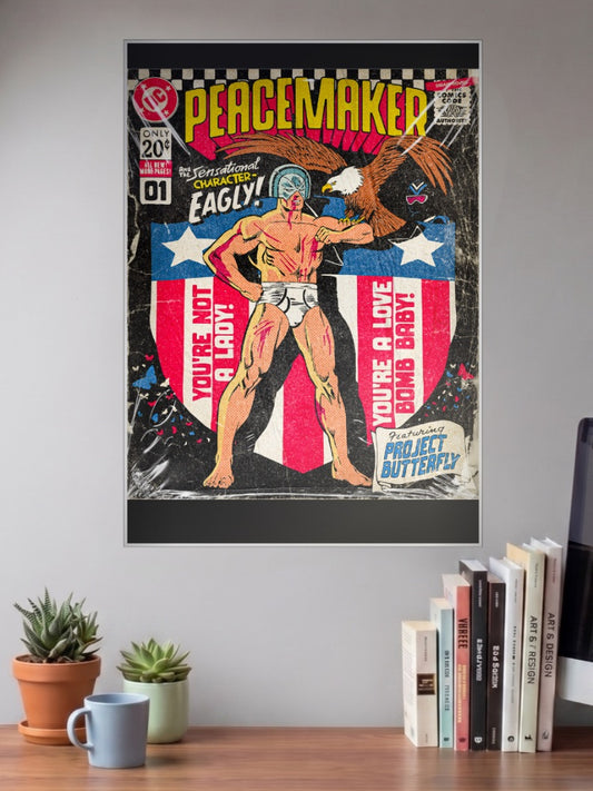 Peacemaker Eagly Cover DC Poster shown in A3 size on a wall above a study desk