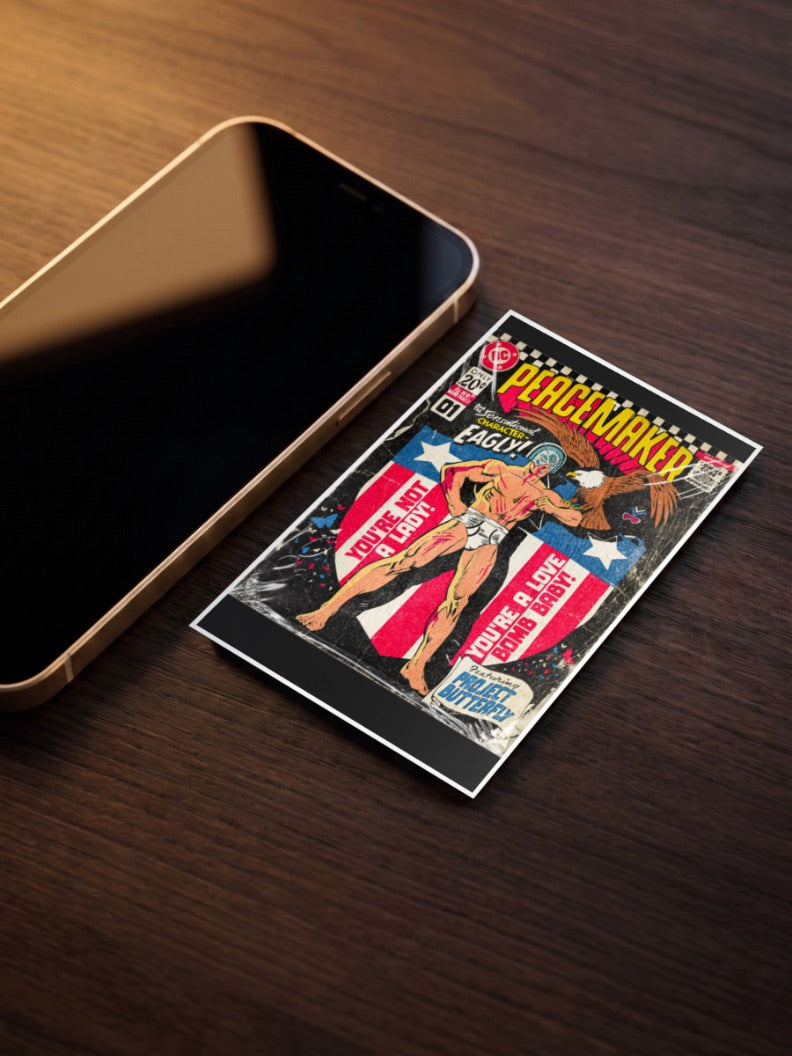 Peacemaker Eagly Cover DC Poster as a pocket poster, sized to fit behind a phone case