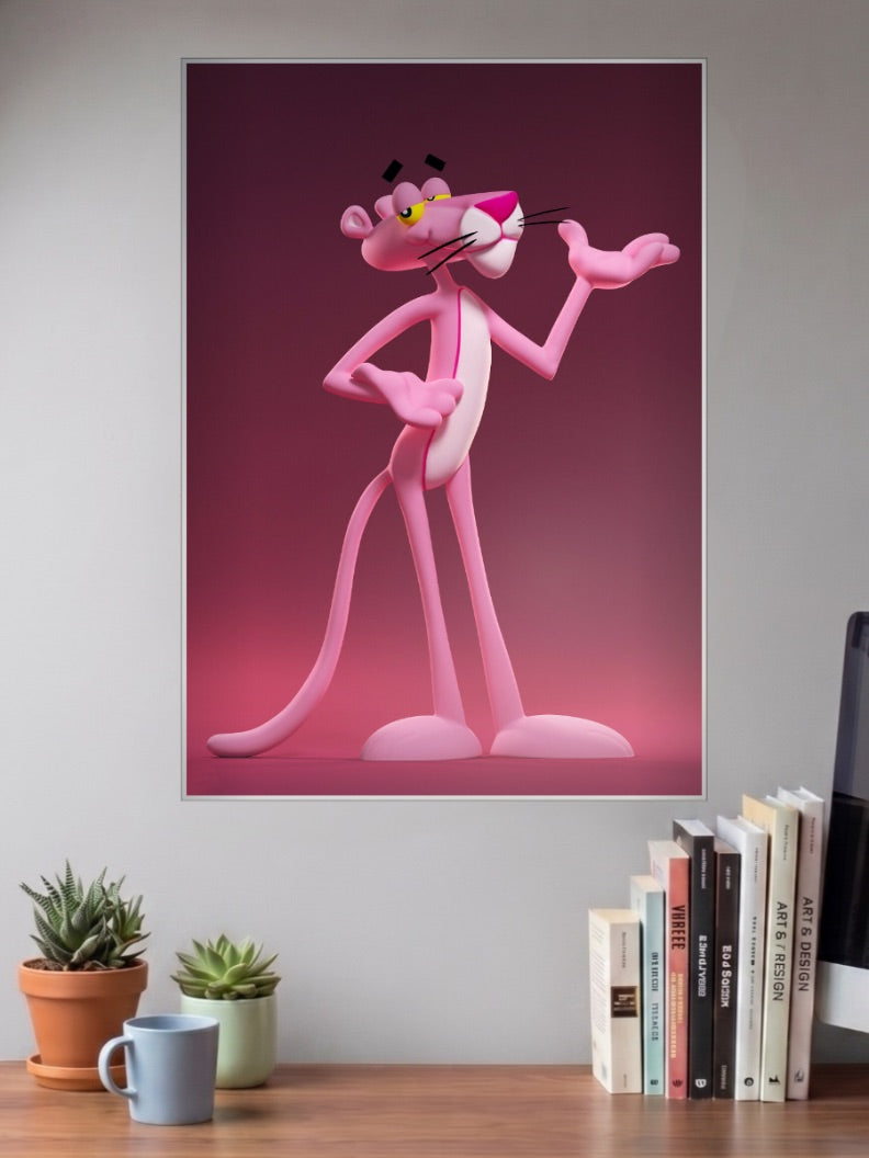 Pink Panther 3D Art Cartoon Poster shown in A3 size on a wall above a study desk