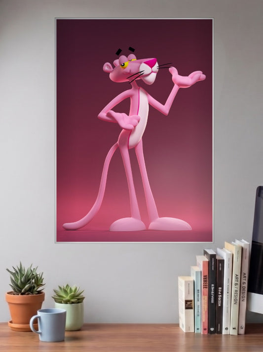 Pink Panther 3D Art Cartoon Poster shown in A3 size on a wall above a study desk
