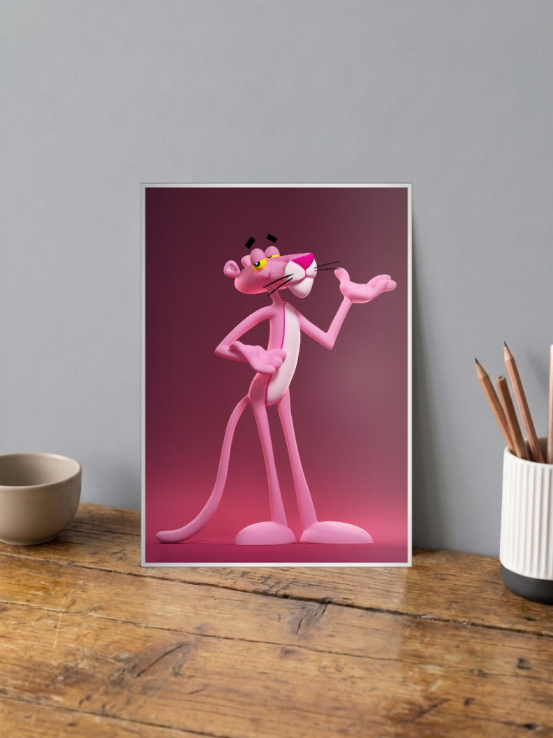 Pink Panther 3D Art Cartoon Poster shown in A4 size on a wooden desk
