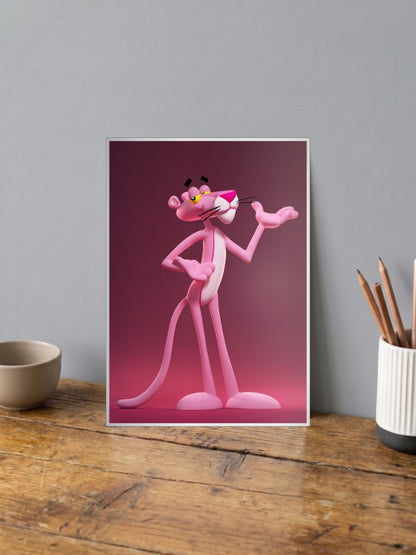 Pink Panther 3D Art Cartoon Poster shown in A4 size on a wooden desk