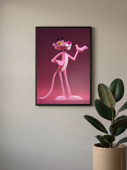 Pink Panther 3D Art Cartoon Poster in a black frame, mounted on a wall