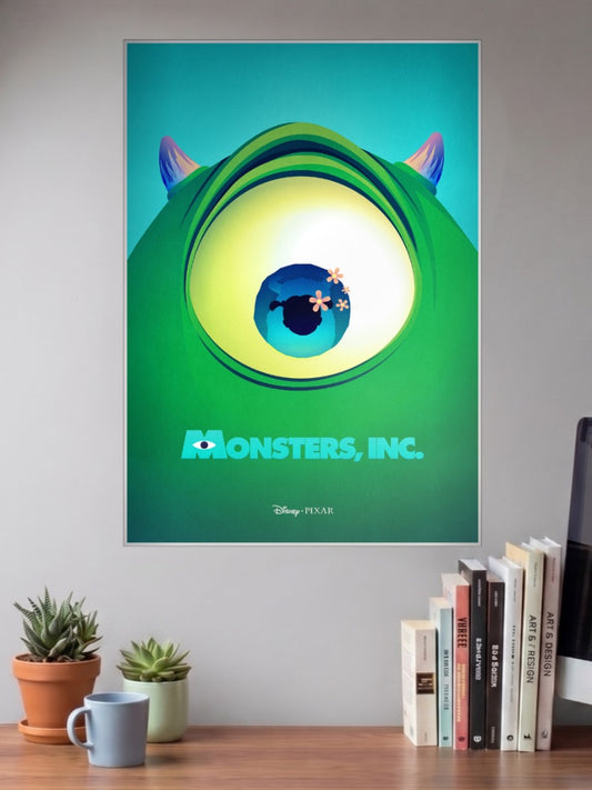 Monsters Inc Mike Eye Cartoon Poster shown in A3 size on a wall above a study desk