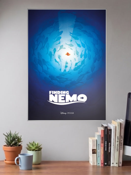 Finding Nemo Silhouette Cartoon Poster shown in A3 size on a wall above a study desk