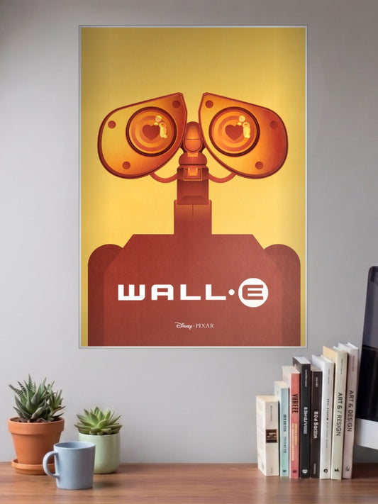 Wall E Minimal Art Cartoon Poster shown in A3 size on a wall above a study desk