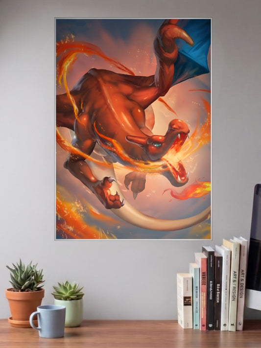 Charizard Dynamic Flight Anime Poster shown in A3 size on a wall above a study desk