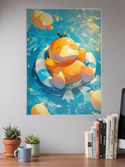 Psyduck Pool Float Anime Poster shown in A3 size on a wall above a study desk
